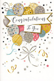 The congratulations card depicted here feels like a compact burst of happiness, the perfect companion to a bouquet arriving from Florist Kingsbury. At its heart is a buoyant cluster of balloons drawn in soft, luminous shades of gold, silver, champagne, sky blue, blush pink, and light grey. Each rounded balloon overlaps the next, with delicate gradients and highlights that give them a three-dimensional quality, as though they might float upwards in a gentle breeze drifting along Church Lane. Subtle decorative patterns make each balloon distinctive: tiny metallic stars, fine stripes, and hints of glitter catch the imaginary light, creating a sense of texture and playful detail. From the base of the cluster, slim gold and silver ribbons fall in relaxed curls and loops, reminiscent of party streamers swaying at the end of a joyful gathering. The background is understated and pale, softly sprinkled with star shapes and confetti-like dots that create an airy, celebratory feel without crowding the main motif. Across the centre, a graceful banner unfurls, carrying the inscription "Congratulations To You" in smooth, elegant script that conveys warmth and sincere admiration. The finish of the design suggests touches of raised glitter and glossy ink, inviting gentle touch as you open the card to write your personal message. Altogether, the image radiates pride, excitement, and genuine joy, making this card an ideal finishing touch for marking graduations, promotions, or any special milestone for friends, family, or colleagues throughout the Kingsbury area.