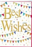 This "Best Wishes" card feels like a snapshot of celebration in Kingsbury, distilled into a simple yet striking design. A pure white background provides a calm canvas for the central message, where the words "Best Wishes" sweep across in flowing gold script. The gold has a gleaming, slightly glittery quality, suggesting a raised, textured finish that adds depth and a hint of luxury, much like the final flourish on a meticulously arranged bouquet. Encircling the phrase, strings of bunting curve in soft, festive arcs from edge to edge, as if gently swaying in a light breeze over a back-garden gathering near Kingsbury Road. Each tiny flag is painted in bright, cheerful colours-deep blues, bold reds, grassy greens, warm yellows, and soft pinks-some left as pure colour, others adorned with thin stripes, dots, or subtle patterns that give each one its own character. Scattered among the bunting, small star shapes and round confetti dots in coordinating colours drift across the white space, bringing a sense of fun, motion, and anticipation, like the moment just before everyone raises a glass to toast. The card strikes a balance between elegance and playful joy, making it perfect for congratulating someone on a new chapter, whether it's starting a job in nearby offices, moving into a new home, or celebrating exam success. It is the kind of card a Kingsbury florist would choose to accompany bright, happy blooms, helping the sender express sincere encouragement, pride, and warm good wishes in one beautifully presented gesture.